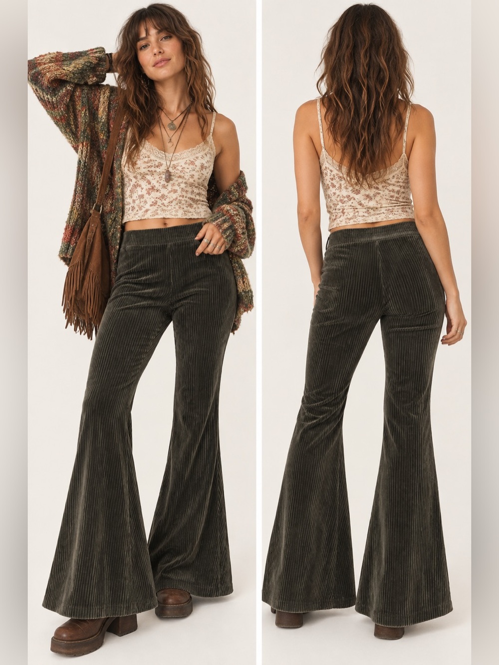 aerie Olive Green Wide-Leg Corduroy Ribbed Velour Boho 70’s Pants Medium